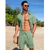 image:imageCOOFANDY Mens Summer Beach Outfits 2 Piece Short Sets Shirts and Shorts Vacation Texture Linen Sets for MenLight Green