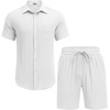 image:imageCOOFANDY Mens Summer Beach Outfits 2 Piece Short Sets Shirts and Shorts Vacation Texture Linen Sets for MenWhite