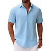 image:imageCOOFANDY Mens Button Down Short Sleeve Shirt Casual Cotton Summer Beach Linen Wedding Shirts with PocketClear Blue