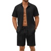 image:imageCOOFANDY Mens Summer Beach Outfits 2 Piece Short Sets Shirts and Shorts Vacation Texture Linen Sets for MenBlack