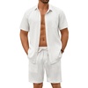 image:imageCOOFANDY Mens Summer Beach Outfits 2 Piece Short Sets Shirts and Shorts Vacation Texture Linen Sets for MenWhite