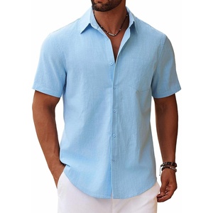 image:imageCOOFANDY Mens Button Down Short Sleeve Shirt Casual Cotton Summer Beach Linen Wedding Shirts with PocketClear Blue