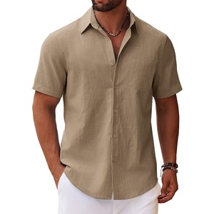 image:imageCOOFANDY Mens Button Down Short Sleeve Shirt Casual Cotton Summer Beach Linen Wedding Shirts with PocketDark Khaki