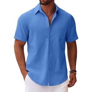 image:imageCOOFANDY Mens Button Down Short Sleeve Shirt Casual Cotton Summer Beach Linen Wedding Shirts with PocketOcean Blue