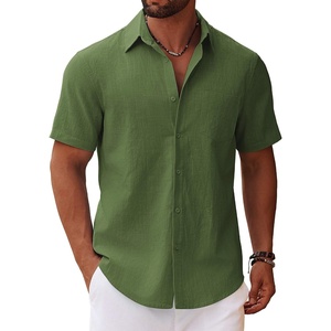 image:imageCOOFANDY Mens Button Down Short Sleeve Shirt Casual Cotton Summer Beach Linen Wedding Shirts with PocketOlive Green