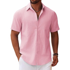 image:imageCOOFANDY Mens Button Down Short Sleeve Shirt Casual Cotton Summer Beach Linen Wedding Shirts with PocketPink