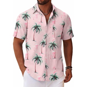 image:imageCOOFANDY Mens Button Down Short Sleeve Shirt Casual Cotton Summer Beach Linen Wedding Shirts with PocketPinkcoconut Tree