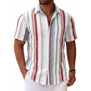 image:imageCOOFANDY Mens Button Down Short Sleeve Shirt Casual Cotton Summer Beach Linen Wedding Shirts with PocketRetro Stripe