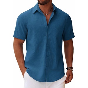 image:imageCOOFANDY Mens Button Down Short Sleeve Shirt Casual Cotton Summer Beach Linen Wedding Shirts with PocketSea Blue
