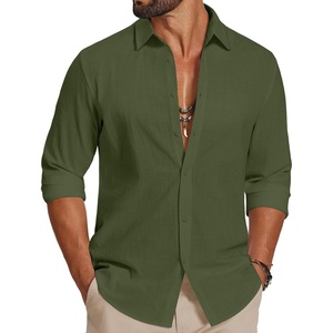 image:imageCOOFANDY Mens Casual Button Down Shirts Long Sleeve Cotton Beach Wedding Shirt Summer Linen Shirt for MenArmy Green