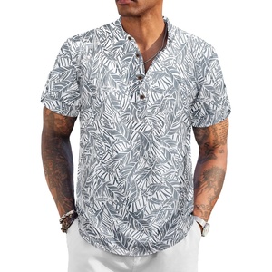 image:imageCOOFANDY Mens Casual Henley Shirt Short Sleeve Band Collar Linen Shirt Summer Beach Hippie TShirtsLeafgrey