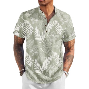 image:imageCOOFANDY Mens Casual Henley Shirt Short Sleeve Band Collar Linen Shirt Summer Beach Hippie TShirtsLeafsage Green  White