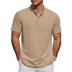 image:imageCOOFANDY Mens Casual Henley Shirt Short Sleeve Cotton Pique Band Collar Shirt Summer Button Basic Tee ShirtsKhaki