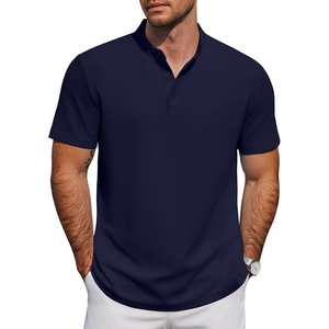 image:imageCOOFANDY Mens Casual Henley Shirt Short Sleeve Cotton Pique Band Collar Shirt Summer Button Basic Tee ShirtsNavy Blue