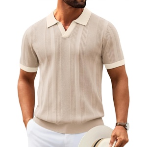 image:imageCOOFANDY Mens Knit Polo Shirts V Neck Textured Polo Shirts Short Sleeve Breathable Polo Casual Collared T Shirt Fashion TopsBchampagne  Beige