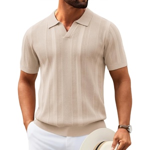 image:imageCOOFANDY Mens Knit Polo Shirts V Neck Textured Polo Shirts Short Sleeve Breathable Polo Casual Collared T Shirt Fashion TopsBchampagne