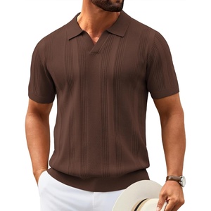 image:imageCOOFANDY Mens Knit Polo Shirts V Neck Textured Polo Shirts Short Sleeve Breathable Polo Casual Collared T Shirt Fashion TopsBrown