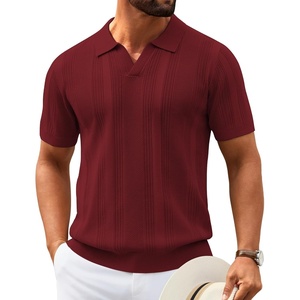 image:imageCOOFANDY Mens Knit Polo Shirts V Neck Textured Polo Shirts Short Sleeve Breathable Polo Casual Collared T Shirt Fashion TopsWine Red