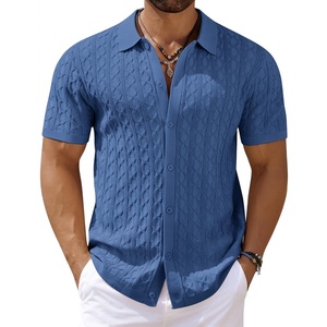 image:imageCOOFANDY Mens Knit Short Sleeve Shirts Button Down Vintage Knitted Polo Shirt Casual Beach Crochet Cable Vacation ShirtDenim Blue