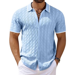 image:imageCOOFANDY Mens Knit Short Sleeve Shirts Button Down Vintage Knitted Polo Shirt Casual Beach Crochet Cable Vacation ShirtLight Bluewhite