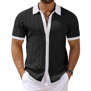 image:imageCOOFANDY Mens Knit Short Sleeve Shirts Button Down Vintage Knitted Polo Shirt Casual Beach Crochet Cable Vacation ShirtWhiteblack