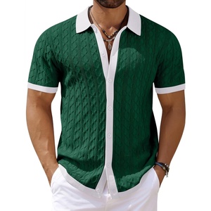 image:imageCOOFANDY Mens Knit Short Sleeve Shirts Button Down Vintage Knitted Polo Shirt Casual Beach Crochet Cable Vacation ShirtWhitegreen