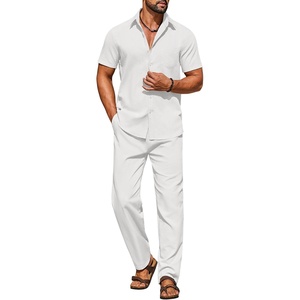 image:imageCOOFANDY Mens Linen Sets 2 Piece Beach Outfit Casual Short Sleeve Button Down Shirts Loose Pants Summer Vacation OutfitsAwhite