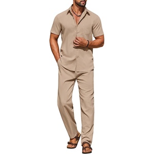 image:imageCOOFANDY Mens Linen Sets 2 Piece Beach Outfit Casual Short Sleeve Button Down Shirts Loose Pants Summer Vacation OutfitsKhaki