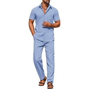 image:imageCOOFANDY Mens Linen Sets 2 Piece Beach Outfit Casual Short Sleeve Button Down Shirts Loose Pants Summer Vacation OutfitsLight Blue
