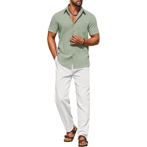 image:imageCOOFANDY Mens Linen Sets 2 Piece Beach Outfit Casual Short Sleeve Button Down Shirts Loose Pants Summer Vacation OutfitsLight Green ShirtWhite Pants