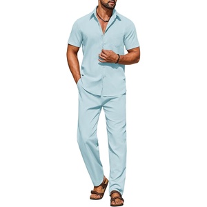 image:imageCOOFANDY Mens Linen Sets 2 Piece Beach Outfit Casual Short Sleeve Button Down Shirts Loose Pants Summer Vacation OutfitsSky Blue