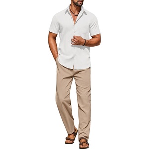 image:imageCOOFANDY Mens Linen Sets 2 Piece Beach Outfit Casual Short Sleeve Button Down Shirts Loose Pants Summer Vacation OutfitsWhite ShirtKhaki Pants