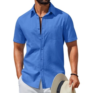 image:imageCOOFANDY Mens Short Sleeve Button Down Shirts Summer Cotton Lyocell Linen Textured Casual Beach Shirts with PocketBlue