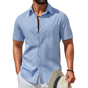image:imageCOOFANDY Mens Short Sleeve Button Down Shirts Summer Cotton Lyocell Linen Textured Casual Beach Shirts with PocketLight Blue