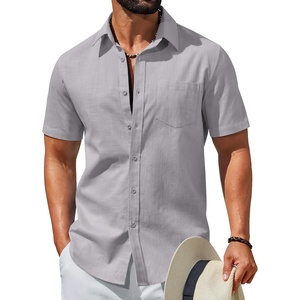 image:imageCOOFANDY Mens Short Sleeve Button Down Shirts Summer Cotton Lyocell Linen Textured Casual Beach Shirts with PocketLight Grey