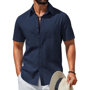 image:imageCOOFANDY Mens Short Sleeve Button Down Shirts Summer Cotton Lyocell Linen Textured Casual Beach Shirts with PocketNavy Blue