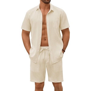 image:imageCOOFANDY Mens Summer Beach Outfits 2 Piece Short Sets Shirts and Shorts Vacation Texture Linen Sets for MenBeige