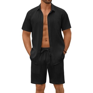 image:imageCOOFANDY Mens Summer Beach Outfits 2 Piece Short Sets Shirts and Shorts Vacation Texture Linen Sets for MenBlack