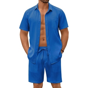 image:imageCOOFANDY Mens Summer Beach Outfits 2 Piece Short Sets Shirts and Shorts Vacation Texture Linen Sets for MenBlue