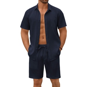 image:imageCOOFANDY Mens Summer Beach Outfits 2 Piece Short Sets Shirts and Shorts Vacation Texture Linen Sets for MenBlue Purple