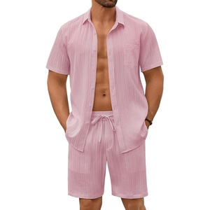 image:imageCOOFANDY Mens Summer Beach Outfits 2 Piece Short Sets Shirts and Shorts Vacation Texture Linen Sets for MenDark Pink