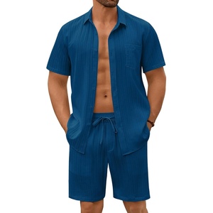 image:imageCOOFANDY Mens Summer Beach Outfits 2 Piece Short Sets Shirts and Shorts Vacation Texture Linen Sets for MenDeep Blue