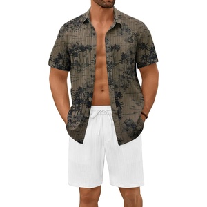 image:imageCOOFANDY Mens Summer Beach Outfits 2 Piece Short Sets Shirts and Shorts Vacation Texture Linen Sets for MenGreenwhite