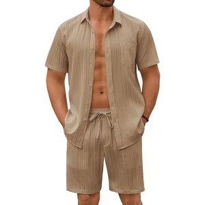 image:imageCOOFANDY Mens Summer Beach Outfits 2 Piece Short Sets Shirts and Shorts Vacation Texture Linen Sets for MenKhaki