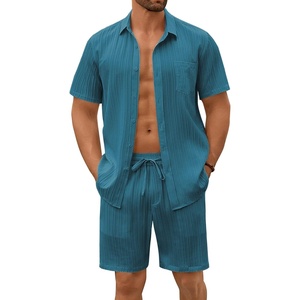 image:imageCOOFANDY Mens Summer Beach Outfits 2 Piece Short Sets Shirts and Shorts Vacation Texture Linen Sets for MenLake Green