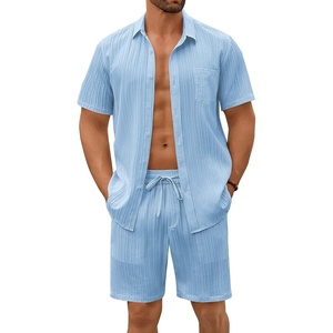 image:imageCOOFANDY Mens Summer Beach Outfits 2 Piece Short Sets Shirts and Shorts Vacation Texture Linen Sets for MenLight Blue