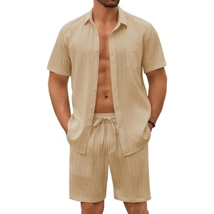 image:imageCOOFANDY Mens Summer Beach Outfits 2 Piece Short Sets Shirts and Shorts Vacation Texture Linen Sets for MenLight Brown