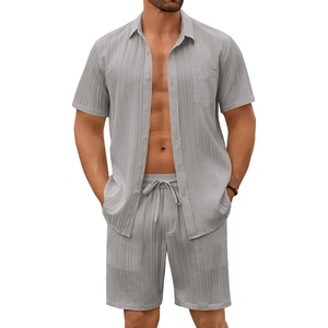 image:imageCOOFANDY Mens Summer Beach Outfits 2 Piece Short Sets Shirts and Shorts Vacation Texture Linen Sets for MenLight Gray