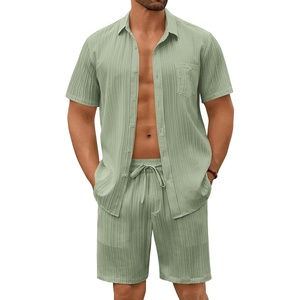 image:imageCOOFANDY Mens Summer Beach Outfits 2 Piece Short Sets Shirts and Shorts Vacation Texture Linen Sets for MenLight Green