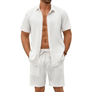 image:imageCOOFANDY Mens Summer Beach Outfits 2 Piece Short Sets Shirts and Shorts Vacation Texture Linen Sets for MenWhite